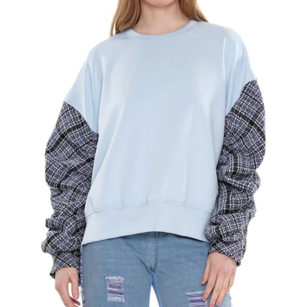 Chic Sky Blue Sweater with Textured Sleeves